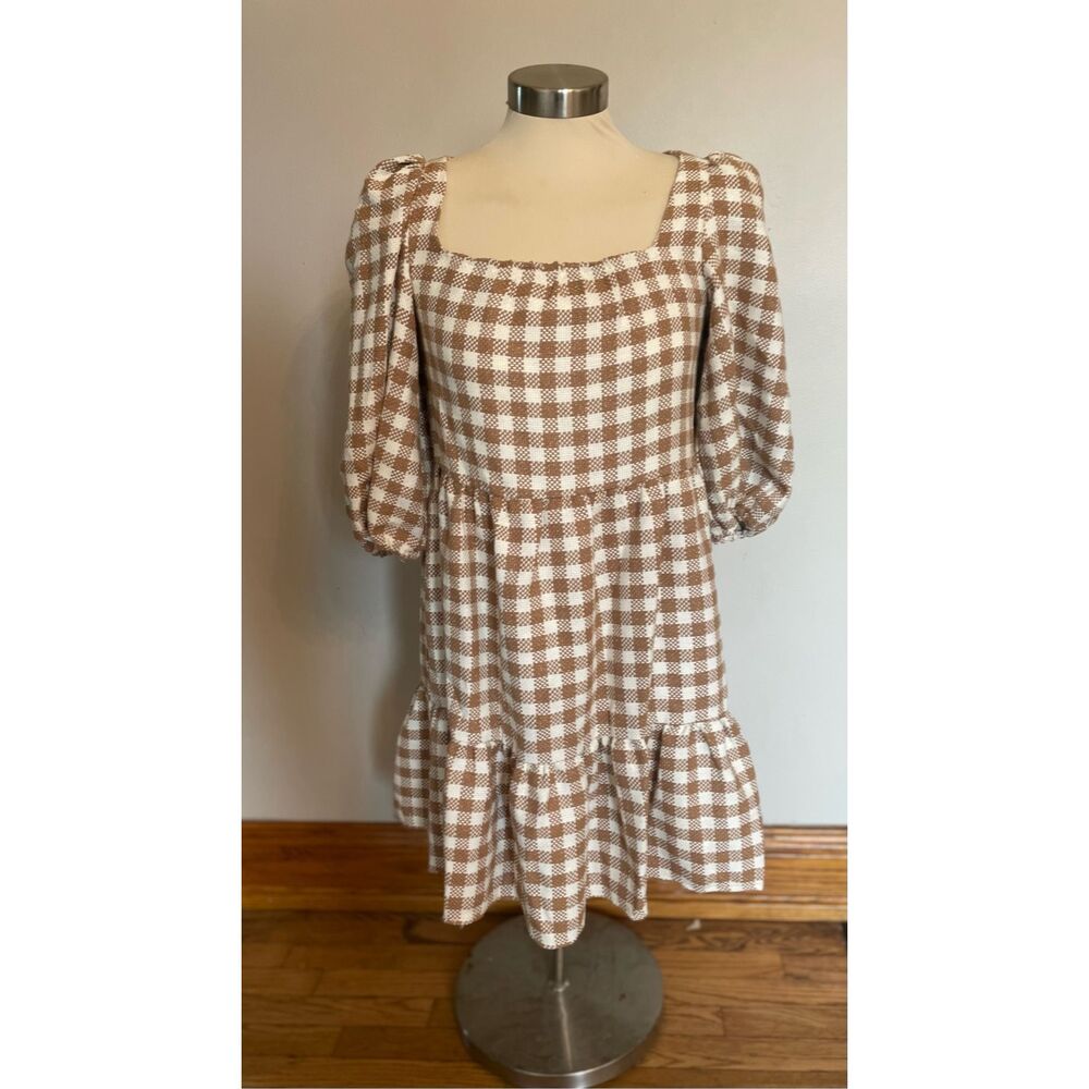By The River Tan and Cream Plaid Dress Puff Sleeve Tiered Midi Small New